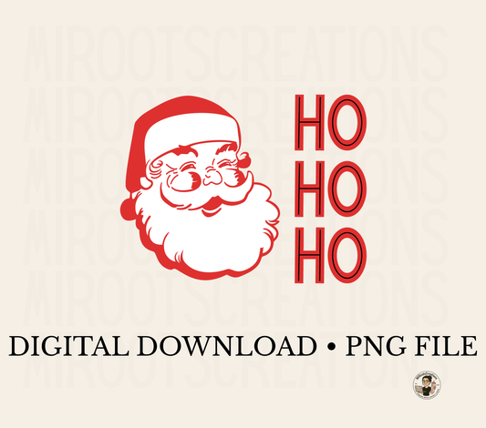 Red and white illustration of Santa Claus with 'HO HO HO' text on a beige background, digital download information.