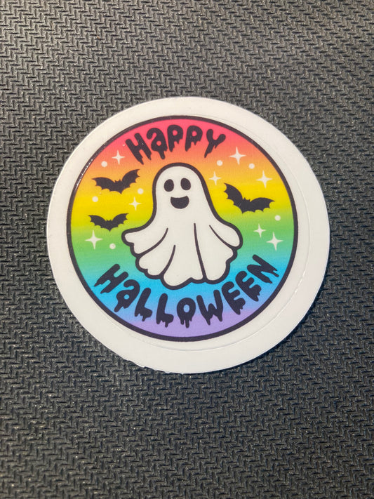 Round rainbow sticker with a smiling ghost, bats, and “Happy Halloween” text in spooky font.