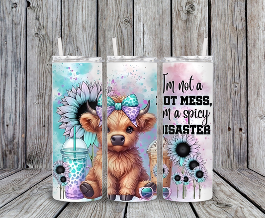Highland cow tumbler with pastel sunflowers, iced coffee cup, and funny quote “I’m not a hot mess, I’m a spicy disaster.”