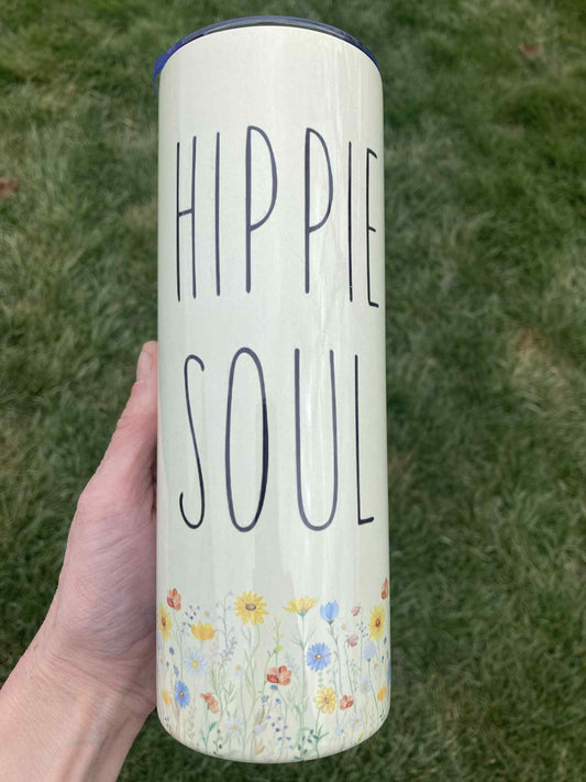 Hippie Soul tumbler with wildflower design, boho-inspired insulated 20oz skinny stainless steel cup with free shipping.