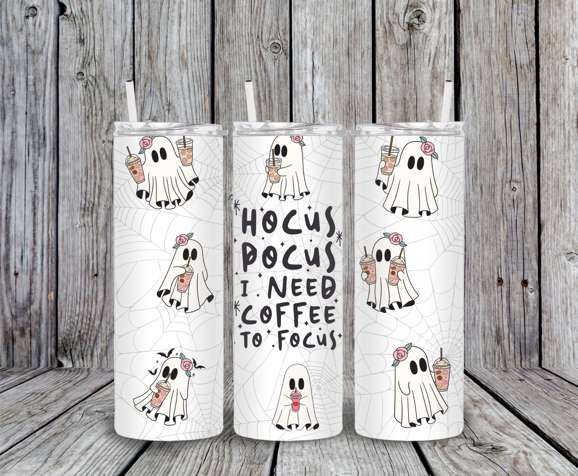 Hocus Pocus I Need Coffee to Focus Tumbler – 20oz skinny cup with ghost design, iced coffee cups, floral crown, spiderweb background