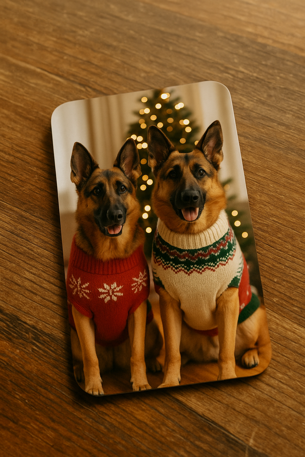 Two dogs wearing Christmas sweaters on a wooden surface with a blurred Christmas tree in the background.