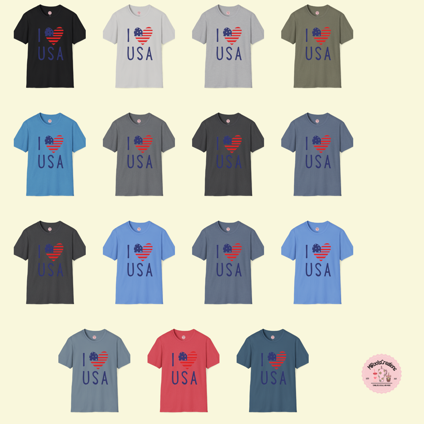 I Love USA Patriotic 4th of July shirts color pallets. 