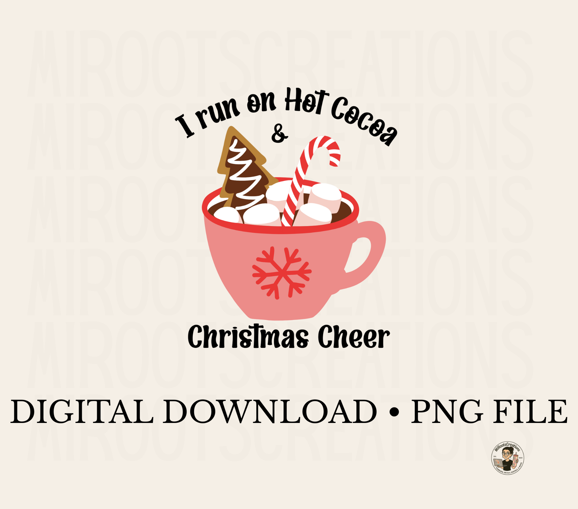 Hot cocoa cup with candy cane, cookies, marshmallows and Christmas Cheer text – PNG digital file