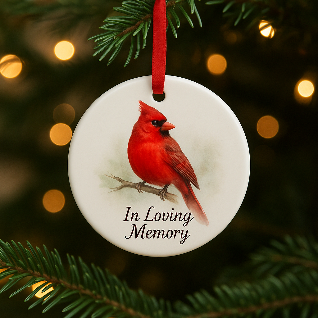 Round ornament with a red cardinal and 'In Loving Memory' text, hanging on a Christmas tree.