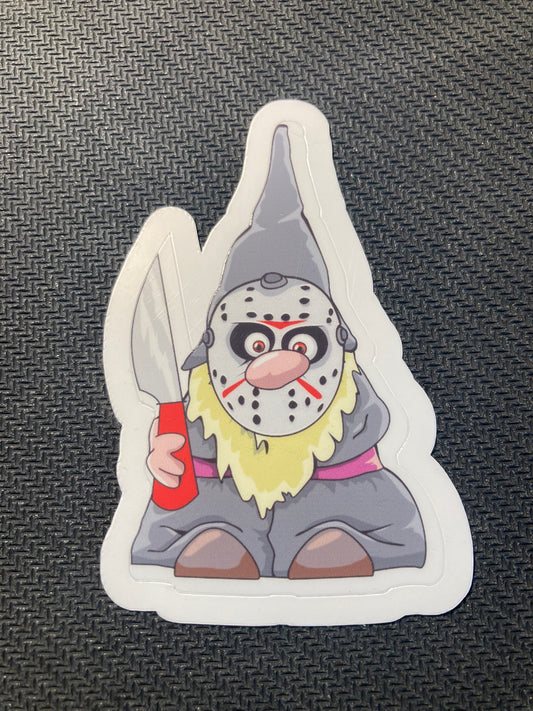 Halloween sticker of a gnome wearing Jason Voorhees hockey mask, holding a bloody knife.