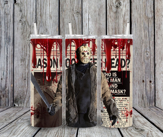 20 oz Jason Voorhees Bloody Newspaper Halloween Tumbler