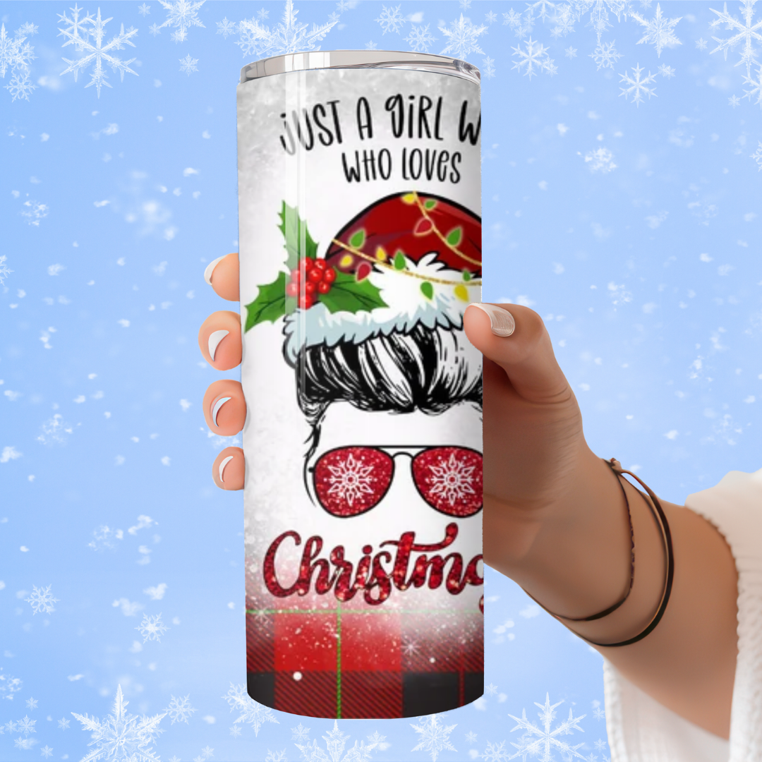Just a Girl Who Loves Christmas Tumbler – Holiday Messy Bun Cup