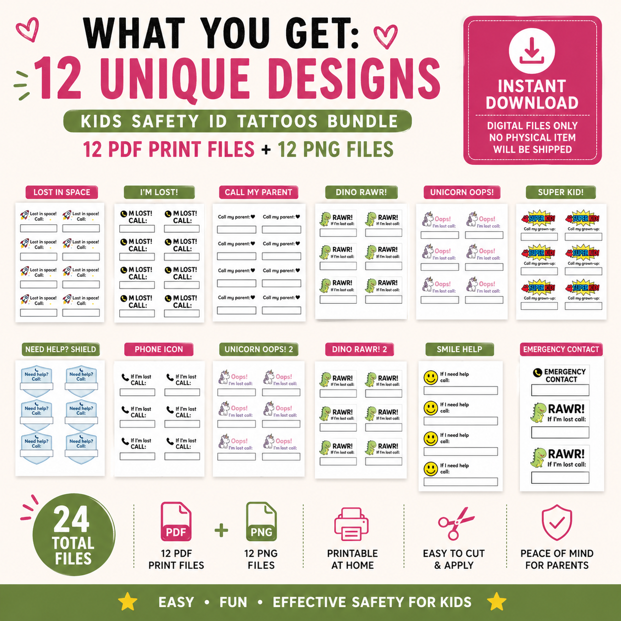 Promotional graphic for a kids safety ID tattoos bundle with various designs and file formats.