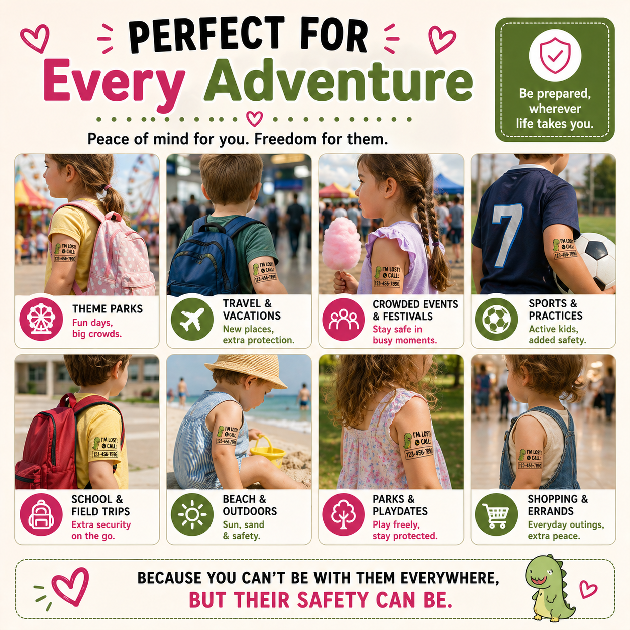 Promotional graphic for a product or service related to safety and adventure, featuring children in various scenarios.
