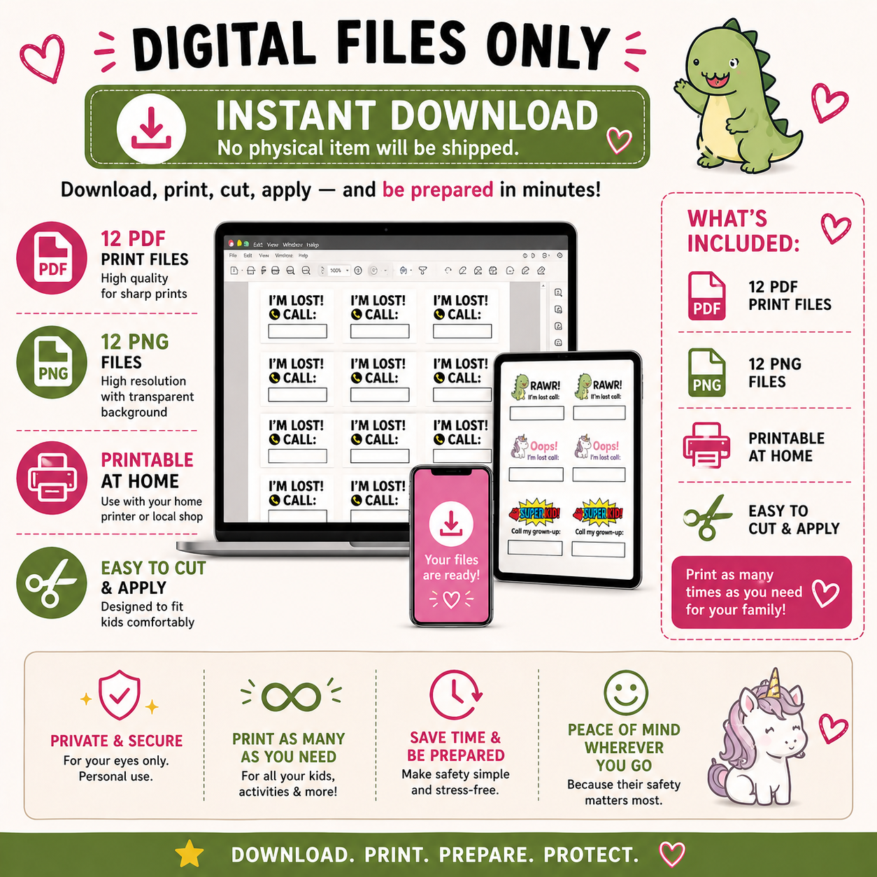 Promotional graphic for digital files with a dinosaur and unicorn illustration, featuring text about instant download and printables.