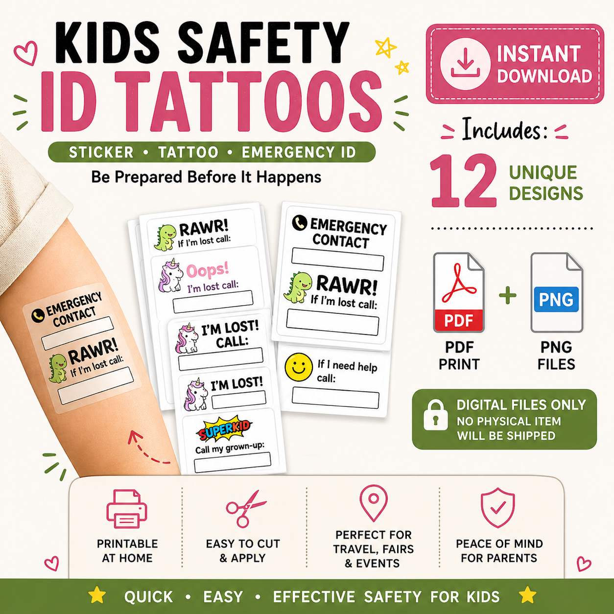 Promotional graphic for kids safety ID tattoos with text and sample designs.