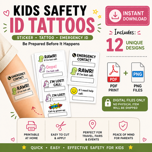 Promotional graphic for kids safety ID tattoos with text and sample designs.