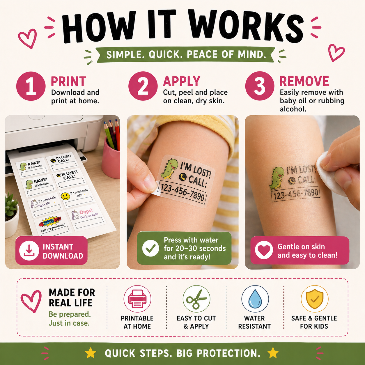 Instructions for using a temporary tattoo product with steps and images.