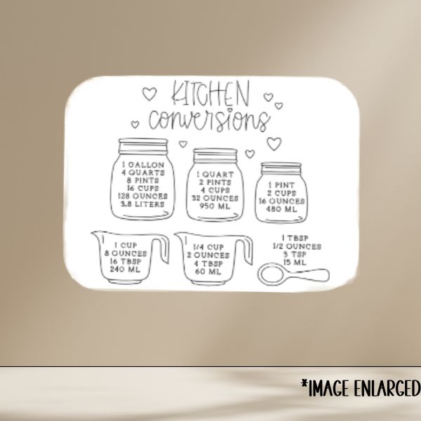 Kitchen conversions chart with measuring cups and jars on a beige background