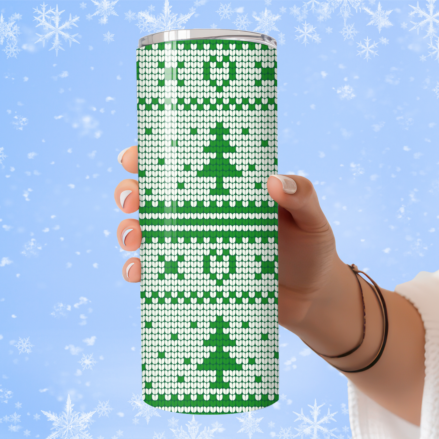 Knitted Christmas Tree Tumbler | Green Holiday Sweater Cup