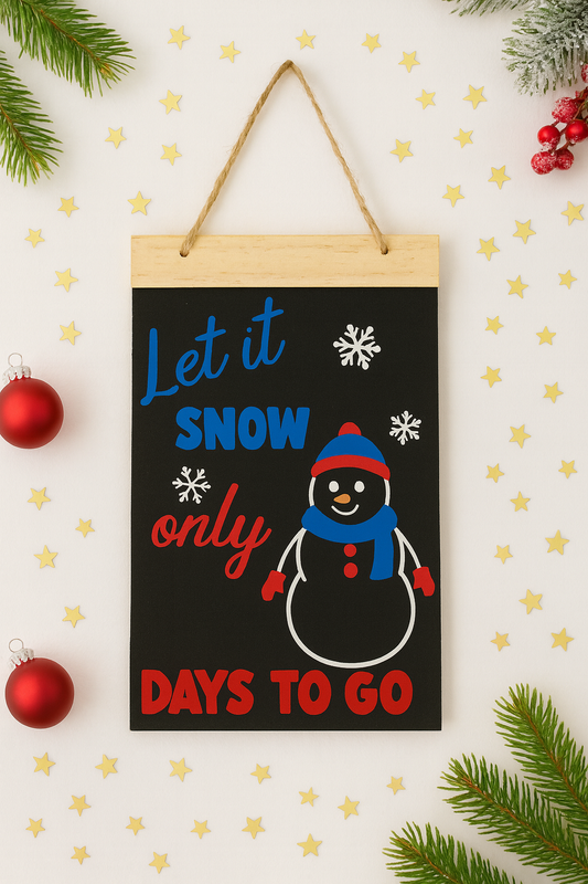 Christmas-themed sign with a snowman illustration and text on a decorative background.