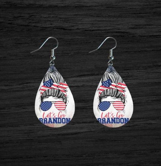 Teardrop shaped; Patriotic, Messy bun female, :Let's Go Brandon (Trump/FJB/MAGA) earrings