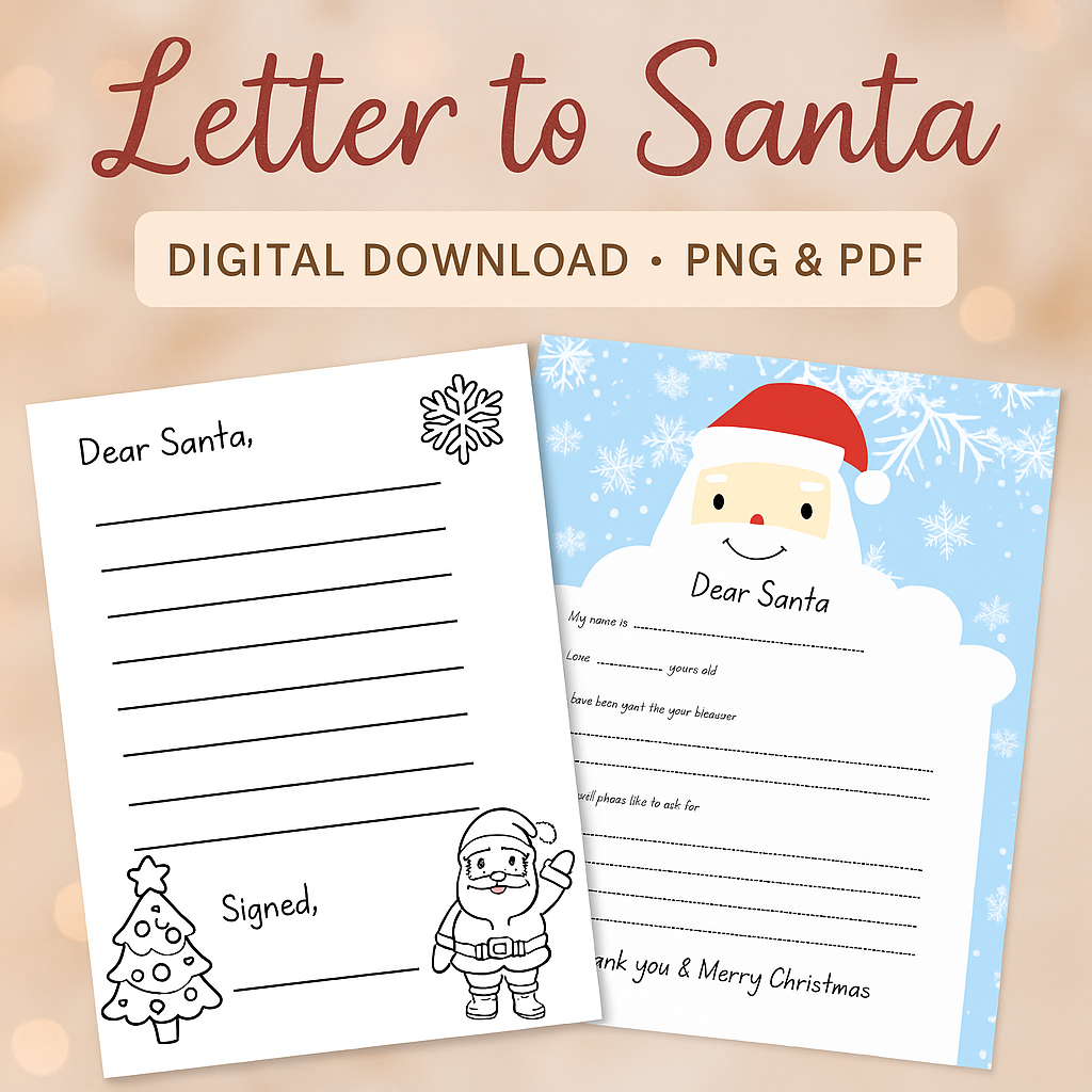 Two letter templates to Santa Claus with a Christmas theme on a beige background. Printable Letter to Santa worksheet bundle featuring two festive designs, one black and white coloring page style and one colorful Santa themed letter, sized 8.5 x 11 inches.