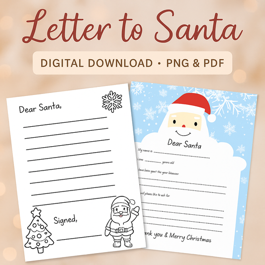 Two letter templates to Santa Claus with a Christmas theme on a beige background. Printable Letter to Santa worksheet bundle featuring two festive designs, one black and white coloring page style and one colorful Santa themed letter, sized 8.5 x 11 inches.