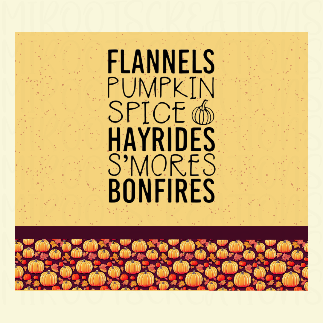 Text with autumn-themed words on a beige background with pumpkin pattern. Warm plaid tumbler with “Flannels. Pumpkin Spice. Hayrides. S’mores. Bonfires.” — cozy fall exclusive from MIRootsCreations.