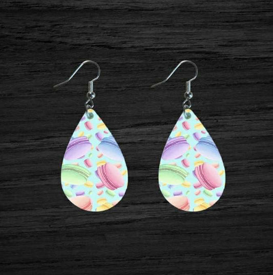 Teardrop shaped; Rainbow pastel macaron cookie pattern earrings