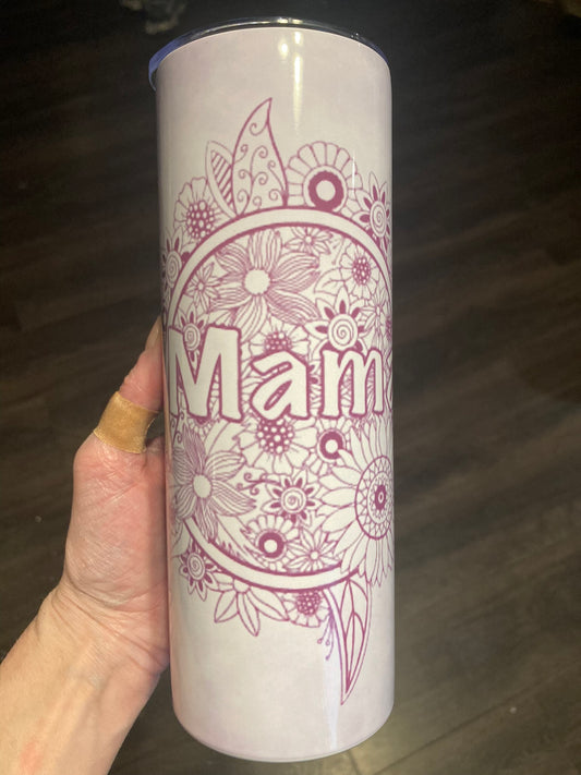 White tumbler with pink floral mandala design and “Mama” text in a soft boho aesthetic