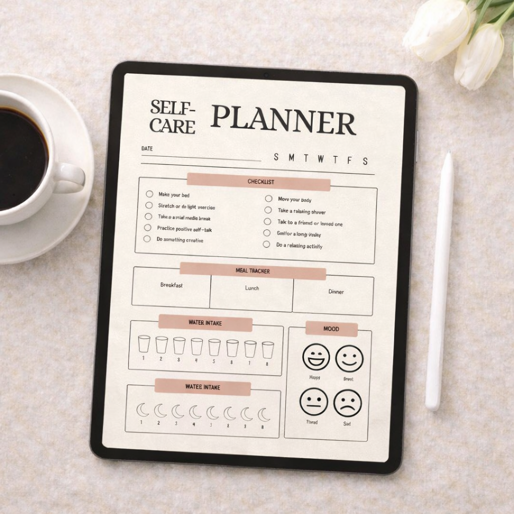Digital self-care planner on a tablet with a cup of coffee and pen on a textured surface