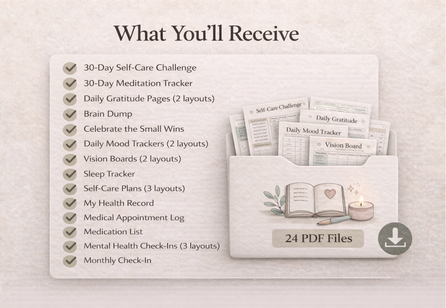 Product display with 24 PDF files for self-care and meditation tracking on a light background.