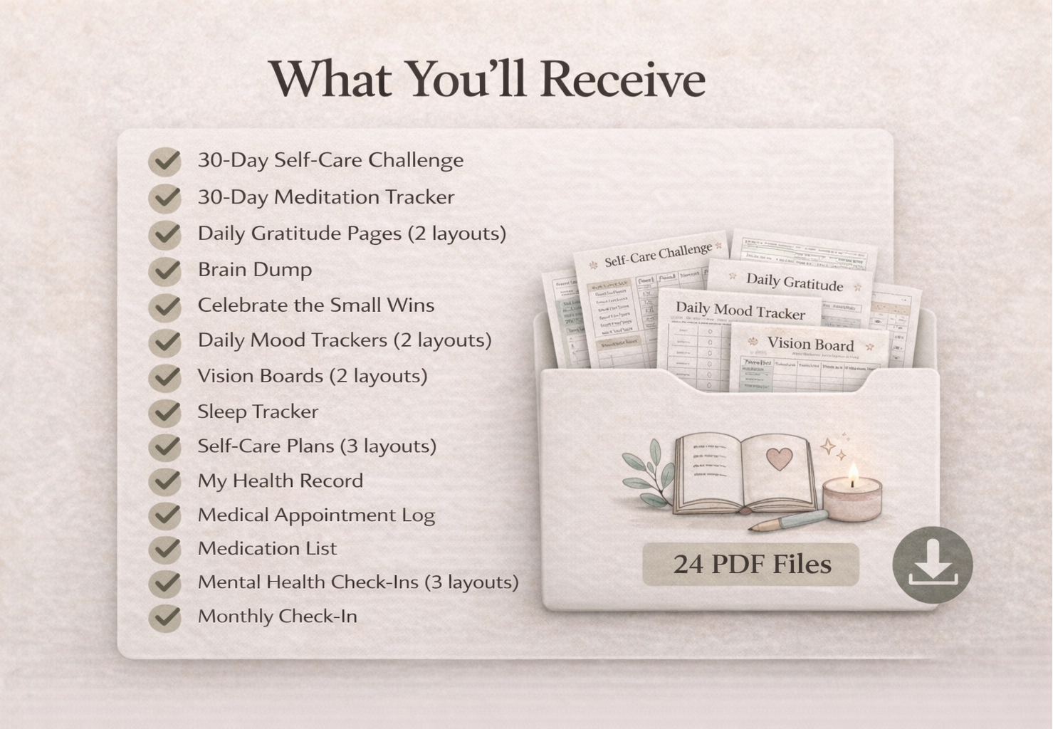 Product display with 24 PDF files for self-care and meditation tracking on a light background.
