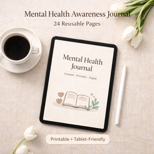 Mental Health Awareness Journal on a tablet with a cup of coffee and tulips on a light surface.