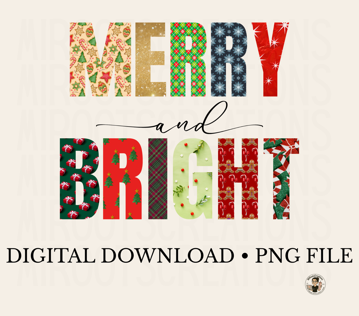 Merry and Bright patterned Christmas letters PNG digital download