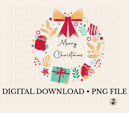 Colorful Christmas wreath with ornaments, bows, greenery, and Merry Christmas text – PNG design