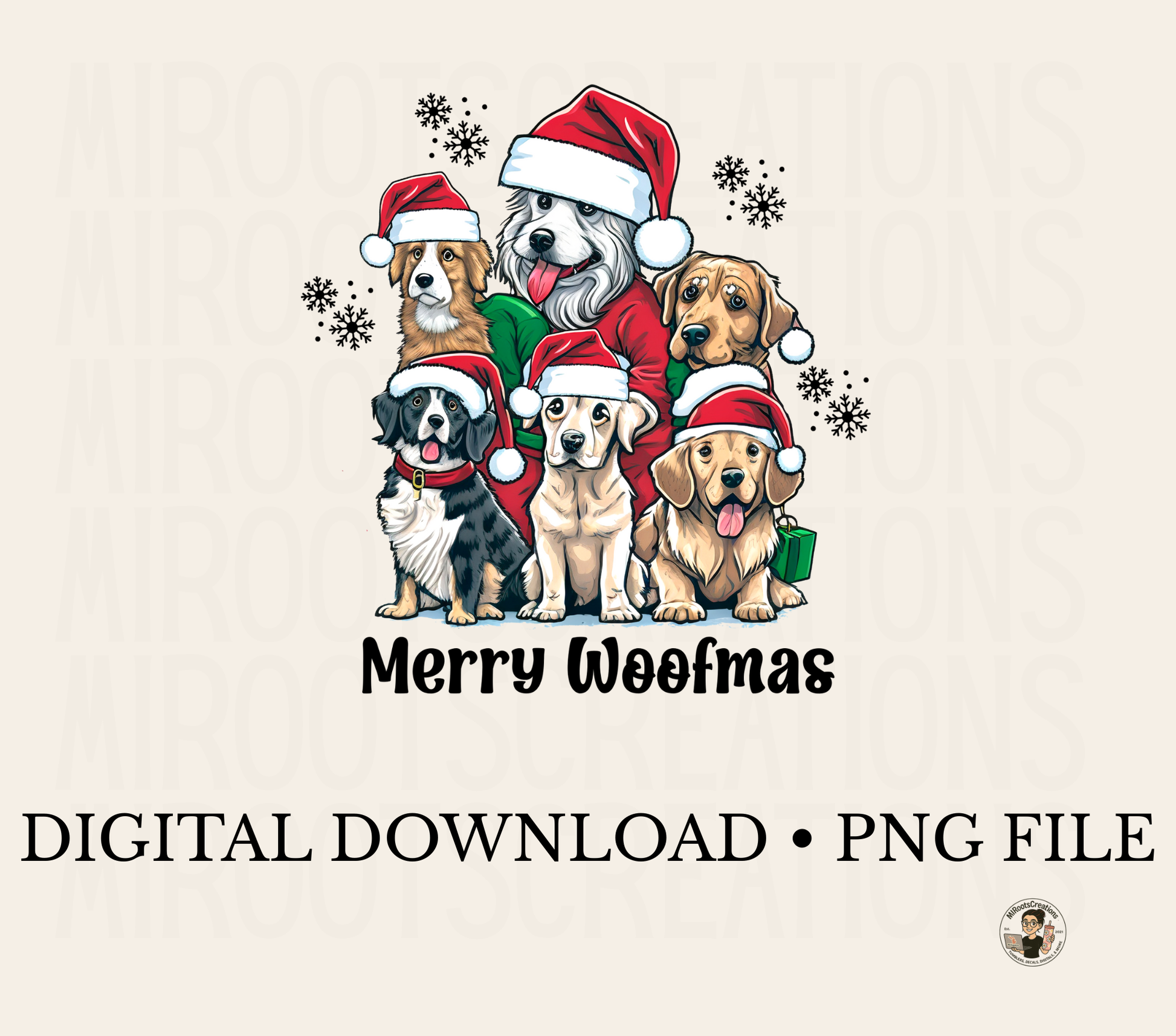 Merry Woofmas PNG with group of Christmas dogs wearing Santa hats – digital download
