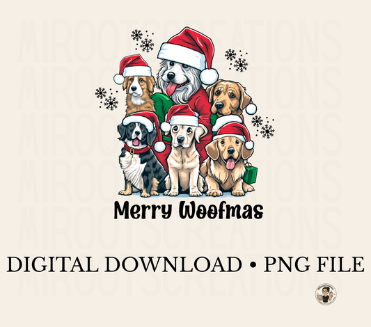 Merry Woofmas PNG with group of Christmas dogs wearing Santa hats – digital download