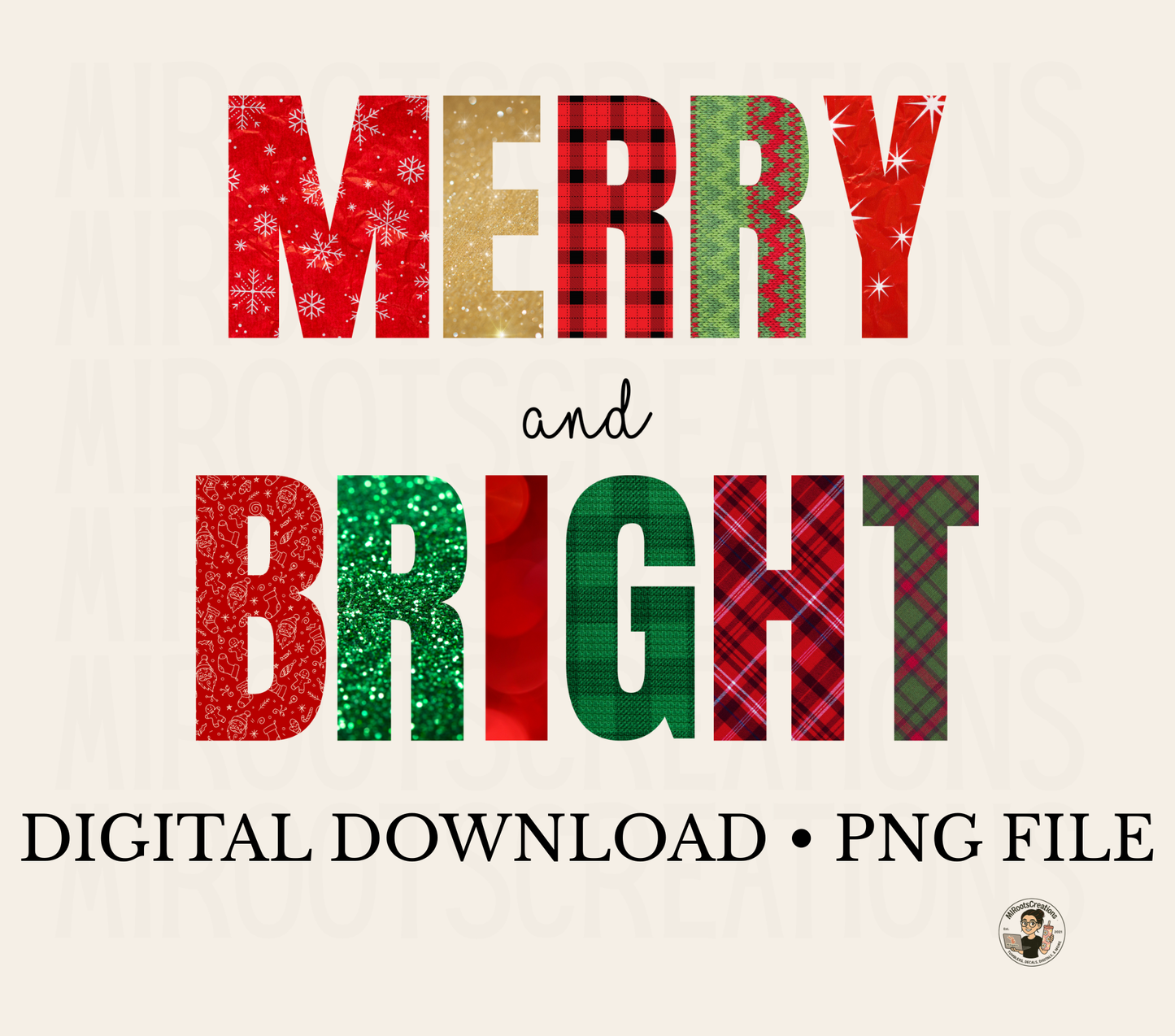 Merry and Bright plaid Christmas PNG – red green festive text design