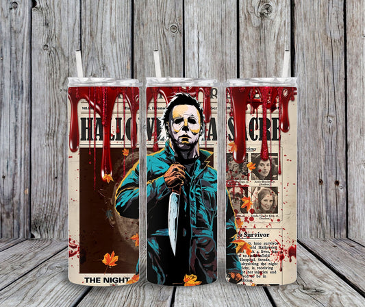 20 oz Michael Myers Bloody Halloween Newspaper tumbler
