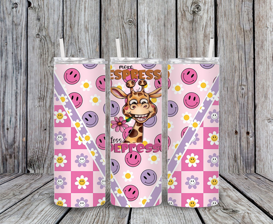 More Espresso Less Depresso giraffe tumbler – 20oz stainless steel skinny cup with pink and purple smiley faces, pastel flowers, and funny coffee quote for coffee lovers