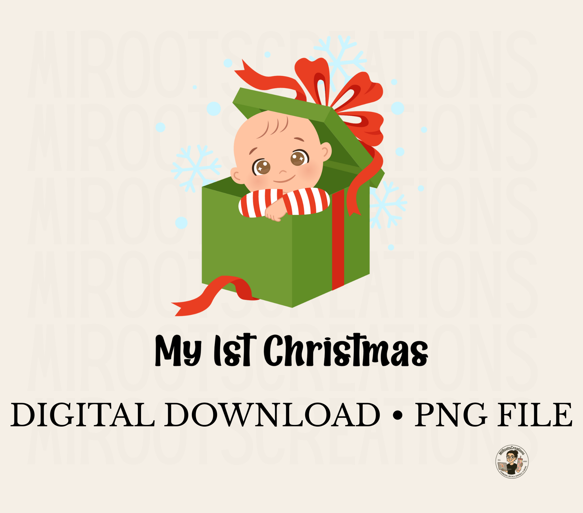 Baby peeking out of green gift box with snowflakes and ribbon – My 1st Christmas PNG