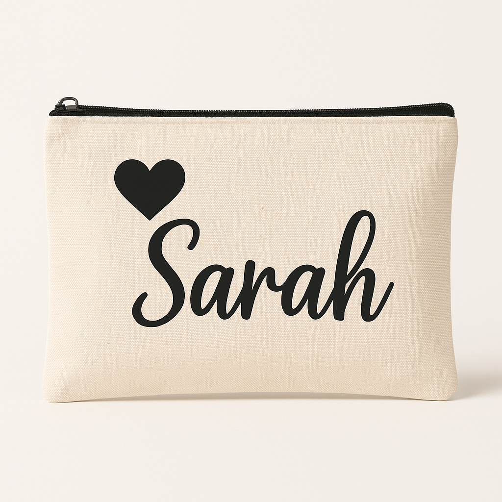 Beige pouch with 'Sarah' and a heart design on a white background