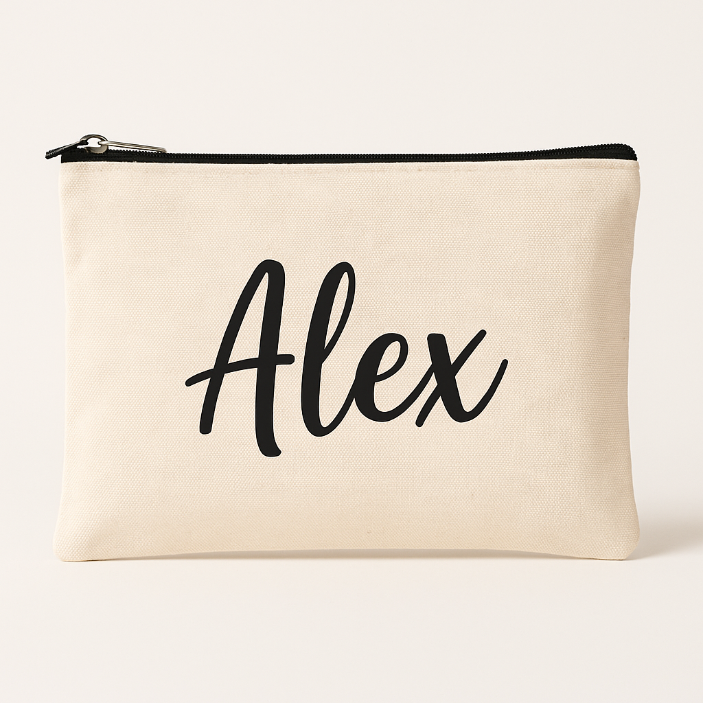Beige pouch with 'Alex' printed on it against a white background