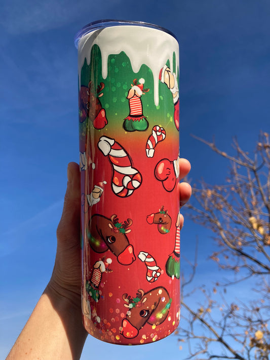 Red 20oz Christmas tumbler with naughty reindeer and candy cane penis' adult humor pattern.