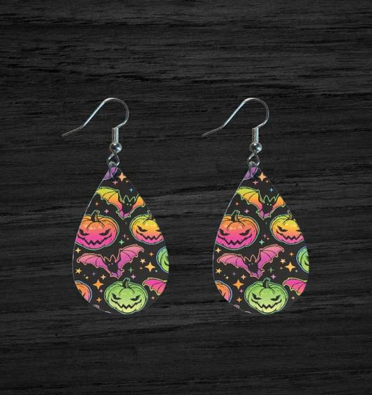 Teardrop shaped; Neon Halloween pattern print glow in the dark Earrings