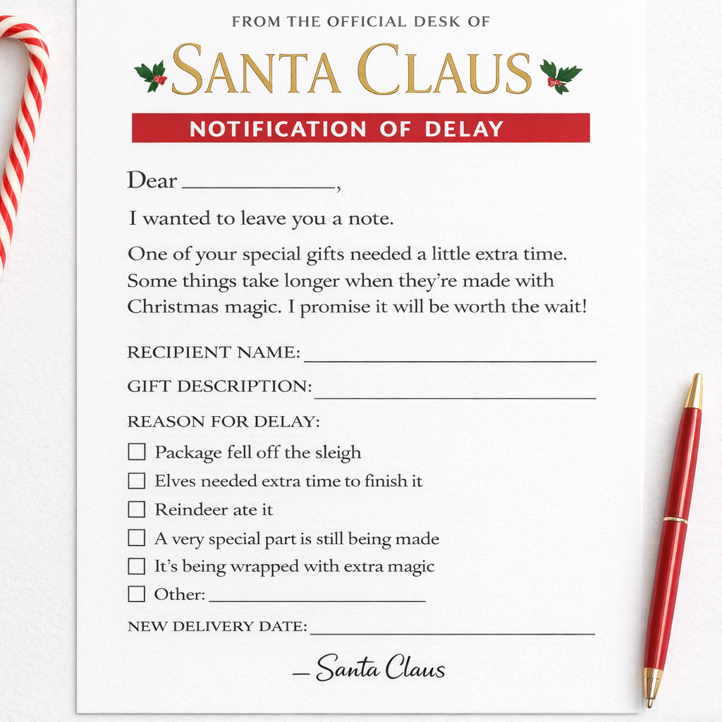 Notification of delay form from Santa Claus with a pen and candy canes on a white background