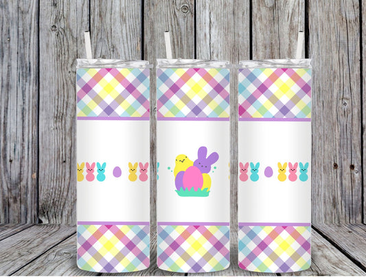 Pastel plaid 20oz skinny tumbler featuring peep bunnies and Easter egg design with soft neutral background.
