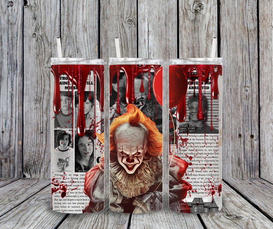20 oz Halloween tumbler design featuring Pennywise the Clown with a bloody newspaper background