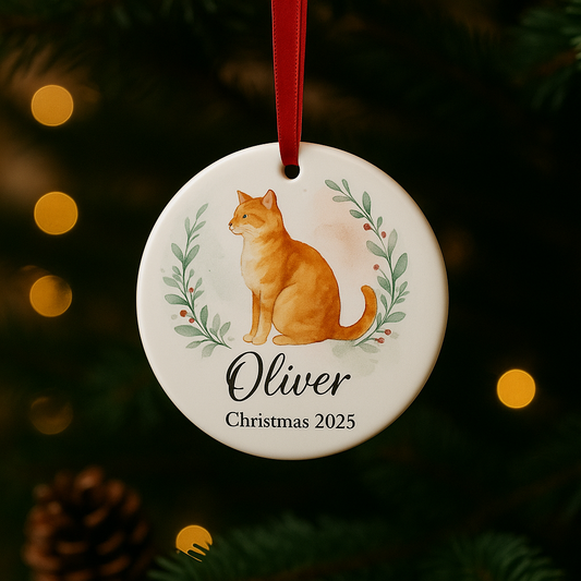 Ceramic ornament featuring a watercolor orange tabby cat within a laurel wreath, personalized with name and “Christmas 2025.”