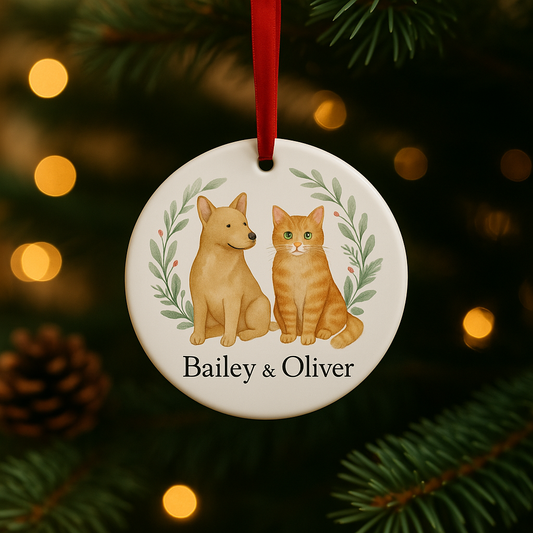 Decorative Christmas ornament with a dog and cat illustration on a wreath, hanging against a festive background. Ceramic ornament with a watercolor dog and orange cat sitting together inside a laurel wreath, personalized with “Bailey & Oliver.”