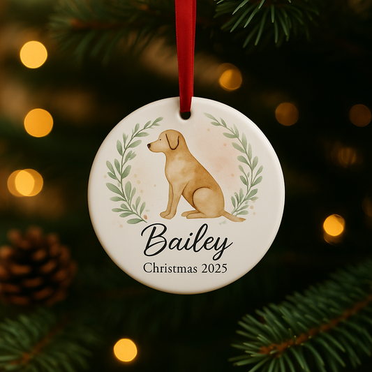 Ceramic ornament with a watercolor tan dog, laurel wreath accents, and personalized name “Bailey” with “Christmas 2025.”