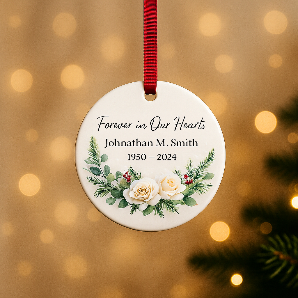 Memorial ornament with floral design and text on a blurred light background